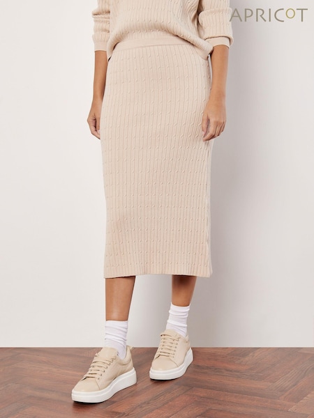 Apricot Cream Fine Gauge Cable Knit Midi Skirt (AJ0169) | £35