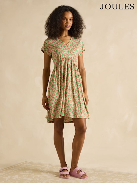 Joules Nia Pink/Green Jersey V-Neck Dress (AJ0447) | £42