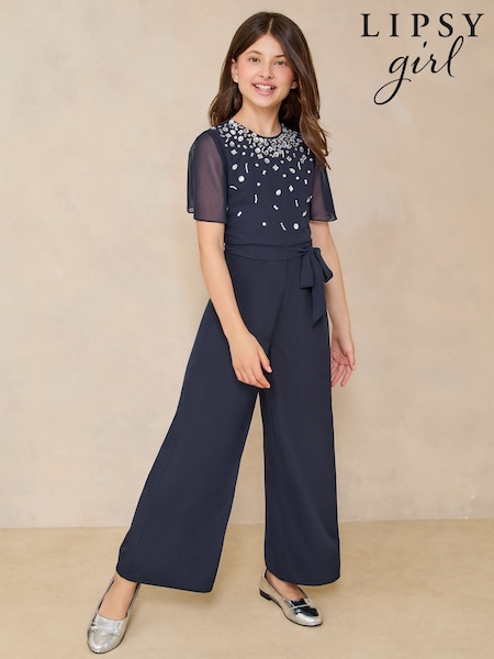 Lipsy Navy Blue Embellished Occasion Jumpsuit (5-16yrs) (AJ0553) | £50 - £58