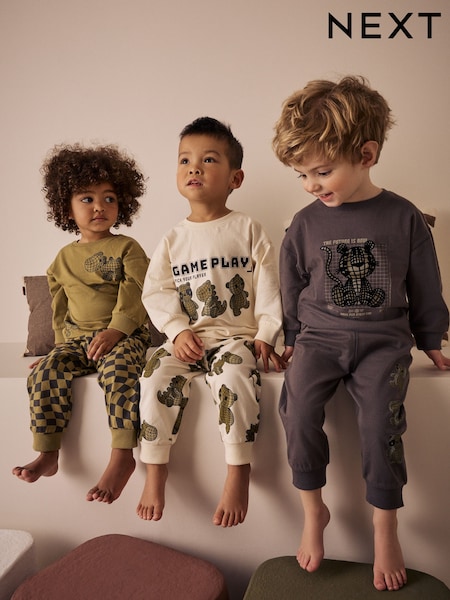 Green/Ecru 100% Cotton Snuggle Fit Pyjamas 3 Pack (9mths-10yrs) (AJ0575) | £26 - £32
