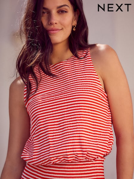 Red/White Stripe 100% Cotton Sleeveless Bubble Hem Top (AJ0582) | £18