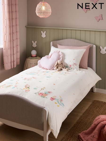 White Bunny Scene 100% Cotton Textured Printed Duvet Cover and Pillowcase Set (AJ0919) | £28 - £40