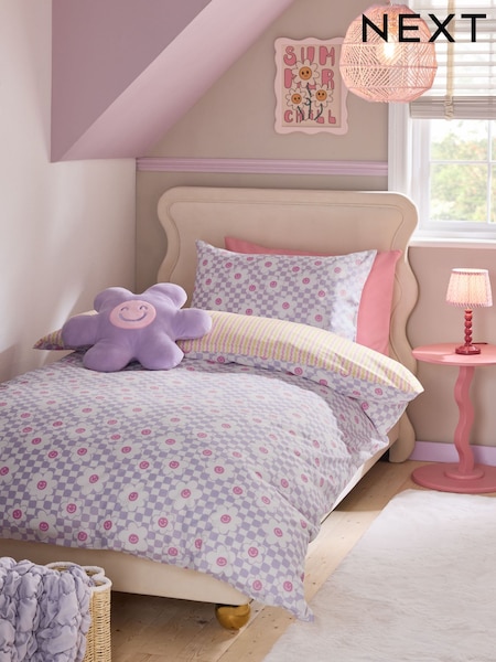 Lilac Flower Checkerboard Printed Polycotton Duvet Cover and Pillowcase Bedding Set (AJ0920) | £15 - £22