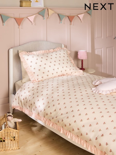 Natural/Pink Floral 100% Washed Cotton Duvet Cover and Pillowcase Set (AJ0934) | £28 - £40
