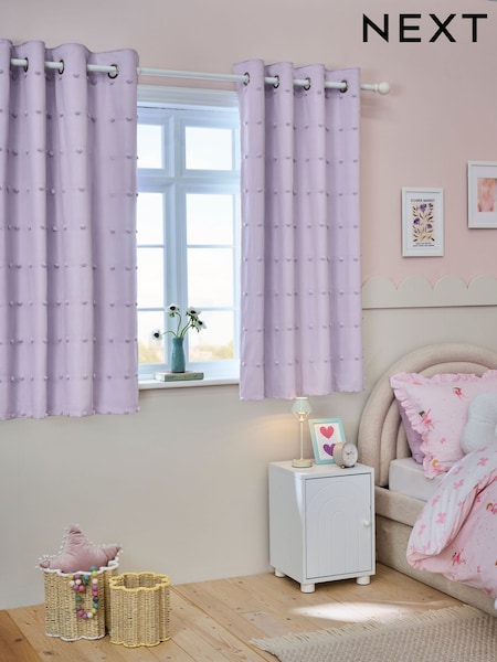Lilac Bobble Pom Eyelet Blackout Curtains (AJ0986) | £47 - £77
