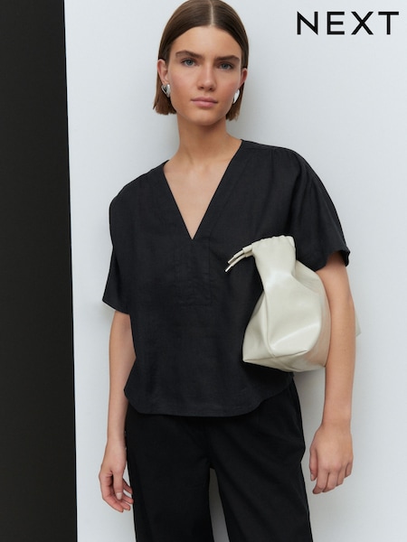 Black Short Sleeve Overhead 100% Linen Top (AJ1070) | £42