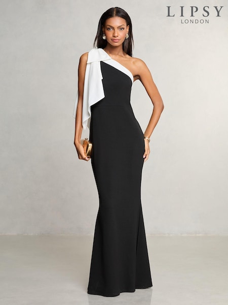 Lipsy Black/White One Shoulder Bow Maxi Dress (AJ1073) | £78