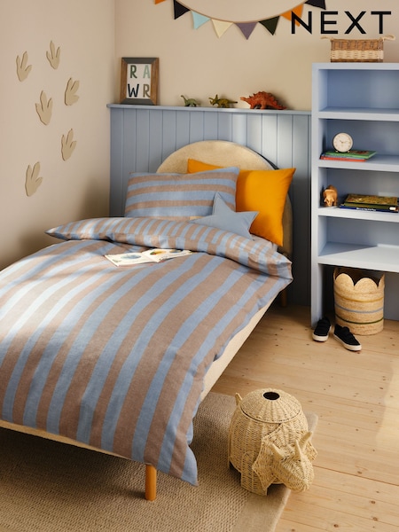 Blue/Neutral Stripe 100% Cotton Textured Printed Duvet Cover and Pillowcase Set (AJ1081) | £30 - £40