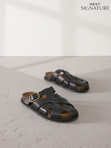 Black Signature Premium Leather Round Weave Buckle Footbed Shoes (AJ1453) | £58