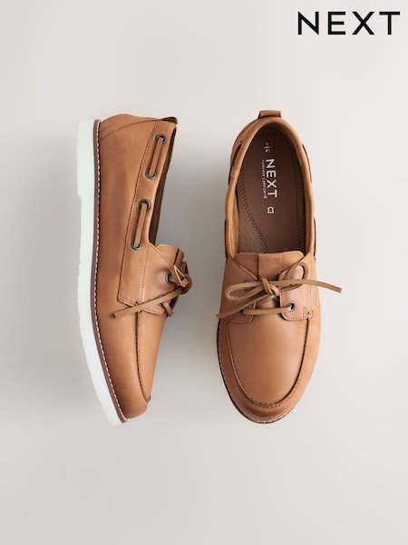 Tan Brown Forever Comfort® Leather Round Toe Lace Up Boat Shoes (AJ1510) | £49