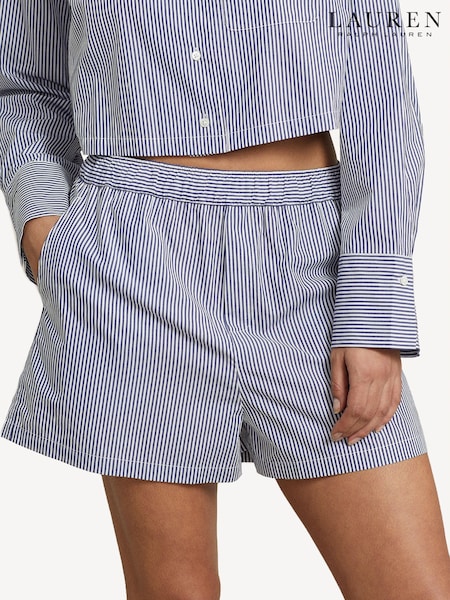 Lauren Ralph Lauren Blue Shirting Striped Crop 100% Cotton pyjama set (AJ1638) | £129
