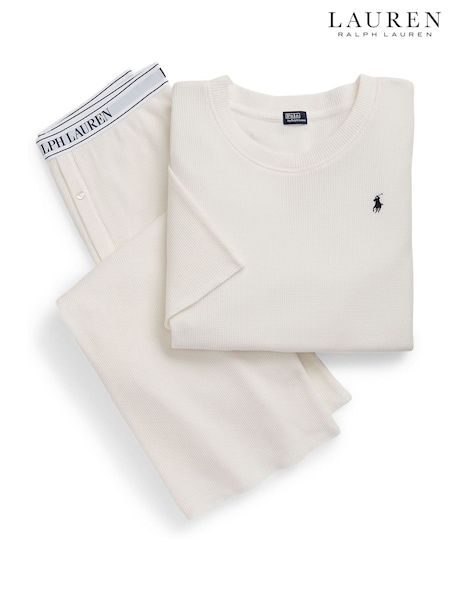 Lauren Ralph Lauren Ecru White Club Waffle Top Joggers Set (AJ1642) | £179