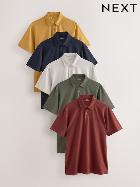 Red/Yellow/Blue/Stone/Green Regular Fit Short Sleeve Jersey Polo Shirts 5 Pack (AJ1672) | £58