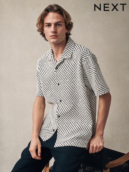 Monochrome Cuban Collar Textured Jersey Short Sleeve Shirt (AJ1682) | £34