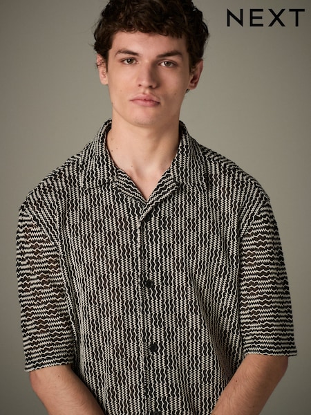 Black/White Cuban Collar Textured Jersey Short Sleeve Shirt (AJ1686) | £26