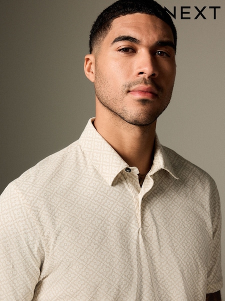 Ecru Geo Short Sleeve Print Polo Shirt (AJ1687) | £20