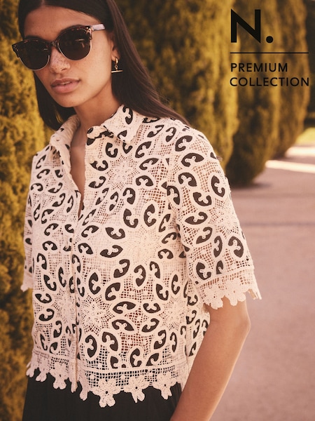 Black/Ecru N. Premium Crochet Lace Short Sleeve Shirt (AJ2067) | £65