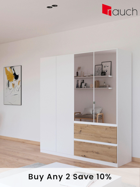 Rauch White Oak Fosta Wood and Mirror Semi Fitted 4 Door Wardrobe (AJ2246) | £763