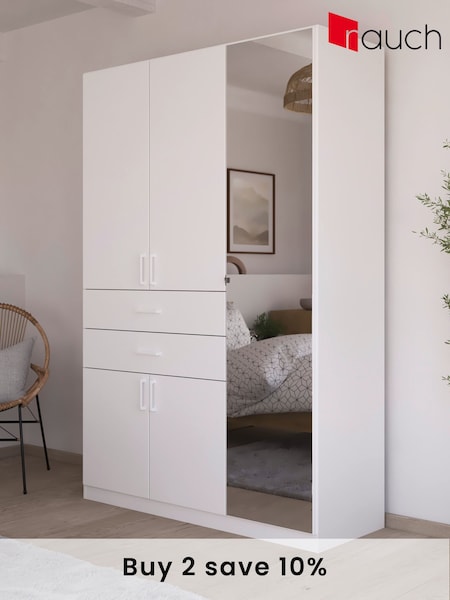 Rauch White Laika Wood and Mirror Semi Fitted 5 Door, 2 Drawer Wardrobe (AJ2252) | £696