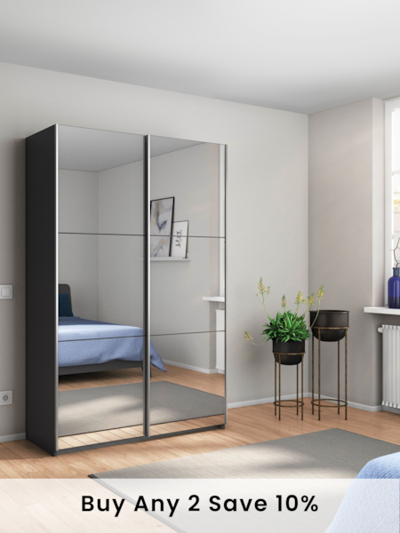 Rauch Grey Reflection Mirror Sliding Semi Fitted 1.3m Sliding Wardrobe with Additional Interior Shelves (AJ2259) | £698