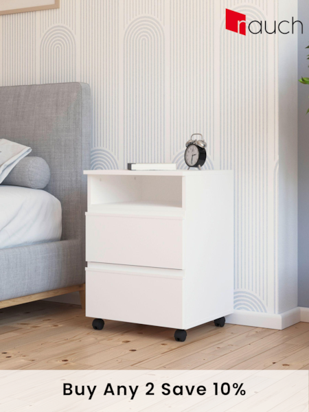 Rauch White Joelle 2 Drawers Bedside Table On Wheels (AJ2302) | £216