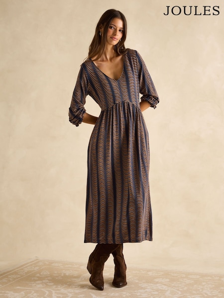Joules Nia Navy Blue & Tan V-Neck Long Sleeve Midaxi Dress (AJ2325) | £44.95