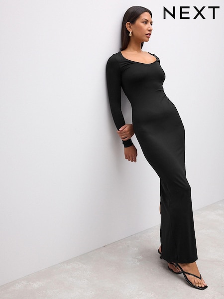Black Long Sleeve Scoop Bodycon Soft Touch Polyamide Midi Dress (AJ2341) | £36