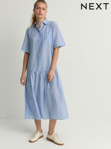 Blue Stripe Short Sleeve Drop Waist 100% Cotton Maxi Shirt Dress (AJ2348) | £43