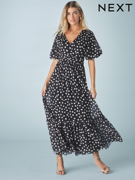 Black White Polka Dot Print Mesh Pleated Puff Sleeve Waist Detail Occasion Midi Dress (AJ2358) | £72