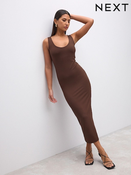 Chocolate Brown Polyamide Soft Touch Sleeveless Scoop Neck Midi Dress (AJ2360) | £28