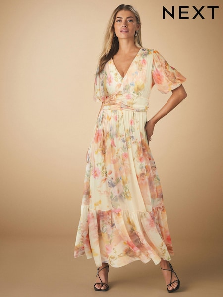 Off White Smudge Floral Print Mesh Pleated Puff Sleeve Waist Detail Occasion Midi Dress (AJ2362) | £72