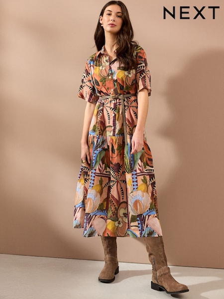 Papaya Fruit Print Short Sleeve Drop Waist 100% Cotton Maxi Shirt Dress (AJ2587) | £50