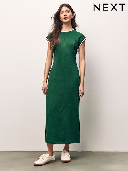 Pine Green 100% Cotton Short Sleeve Tipped Jersey Midi Dress (AJ2593) | £34