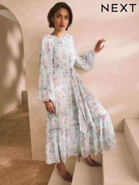 Blue/Pink Floral Long Sleeve Tie Waist Ruffle Detail Boho Maxi Dress (AJ2610) | £64