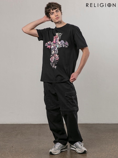 Religion Black Cross Botanical 100% Cotton T-Shirt (AJ2642) | £35