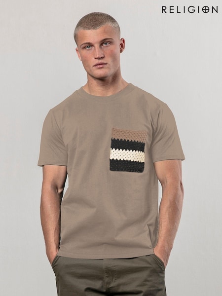 Religion Grey Knit Pocket 100% Cotton T-Shirt (AJ2648) | £38