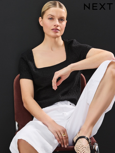Black Textured Short Sleeve Square Neck T-Shirt (AJ3589) | £20