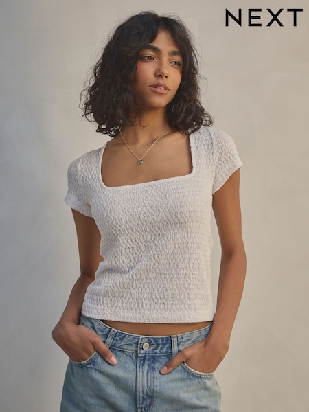 White Textured Short Sleeve Square Neck T-Shirt (AJ3590) | £20
