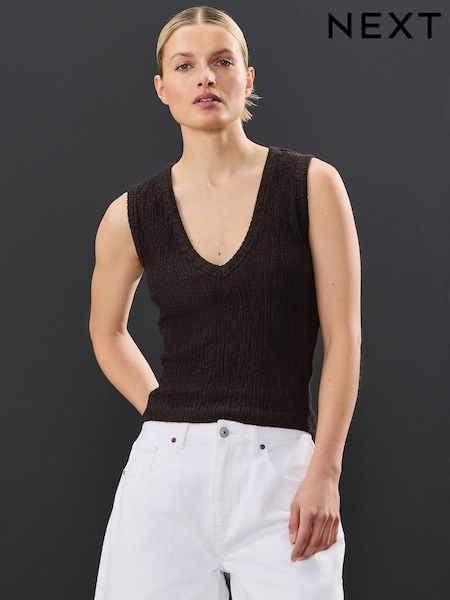 Chocolate Brown Sleeveless Textured V-Neck Tank Top (AJ3597) | £20