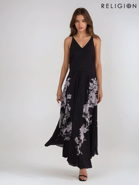Religion Black Inversion Maxi Dress In Cupro With Beautiful Swallow Print (AJ3632) | £125