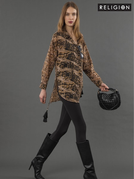 Religion Natural Oversized Long Line Flash Shirt with Tassle details in Leopard Animal print (AJ3643) | £58