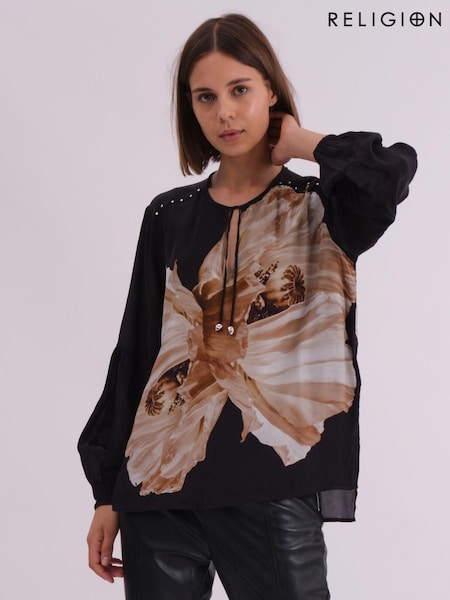 Religion Black Twist Blouse With Large Abstract Floral Print Placement And Neck Tie (AJ3650) | £68