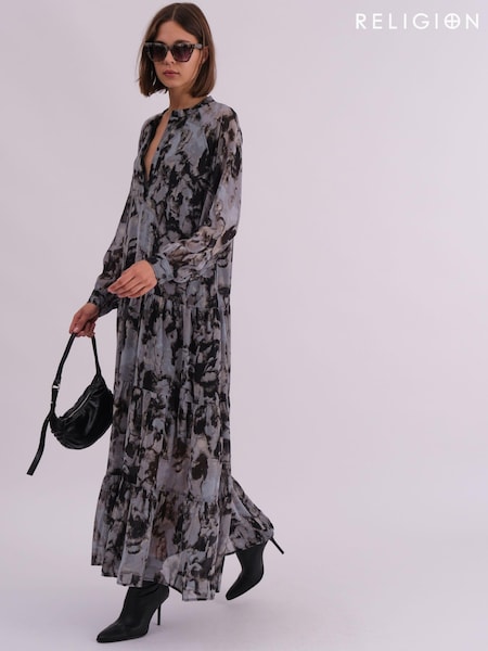 Religion Grey Sunset Maxi Shirt Dress With A Tiered Boho Style Skirt In Abstract Prints (AJ3656) | £95