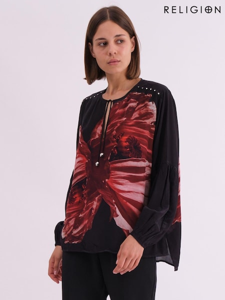 Religion Red Twist Blouse With Large Abstract Floral Placement Print And Neck Tie (AJ3658) | £68