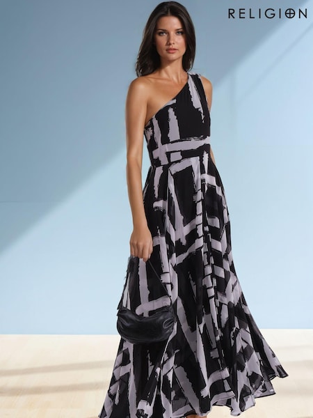 Religion Charcoal Black Signature One Shoulder Maxi Dress With Full Multi Layered Skirt (AJ3664) | £112