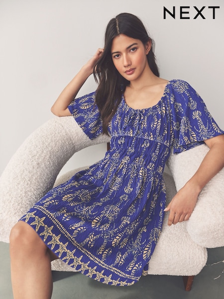 Cobalt Blue Crab Print Short Sleeve Tie Front Jersey Mini Dress (AJ4235) | £28