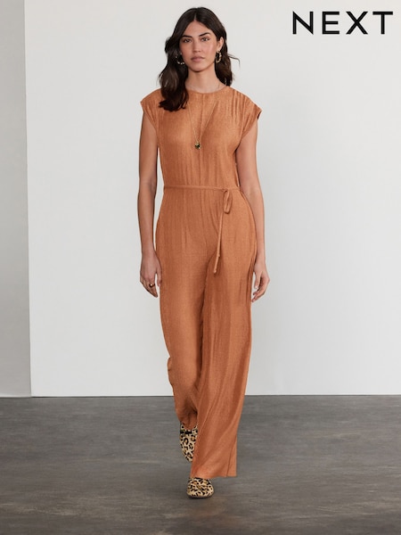 Rust Brown Wide Leg Tie Waist Textured Jumpsuit (AJ4248) | £48