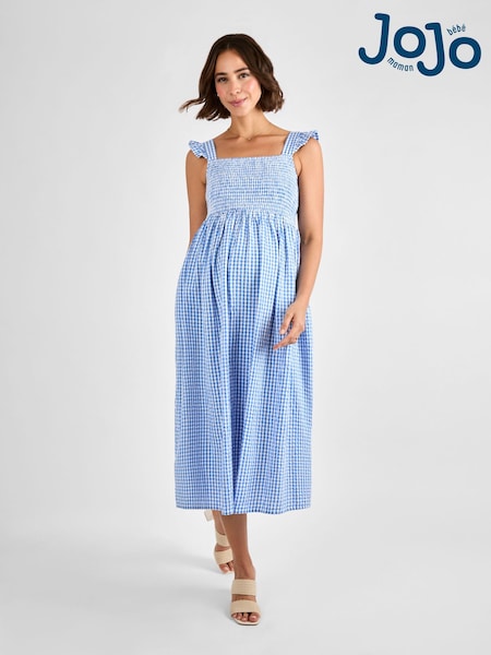 JoJo Maman Bébé Blue Gingham Shirred Maternity Midi Dress (AJ4463) | £49.50