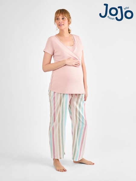 JoJo Maman Bébé Pink Maternity Stripe and Nursing Pyjamas Set (AJ4467) | £39.50