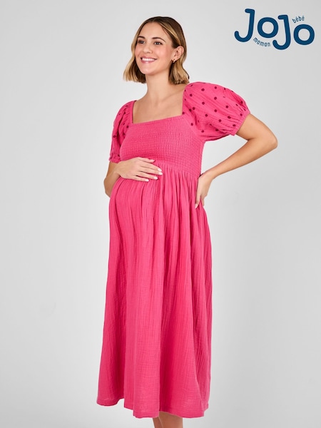 JoJo Maman Bébé Pink Shirred Embroidered Maternity Midi Dress (AJ4469) | £49.50